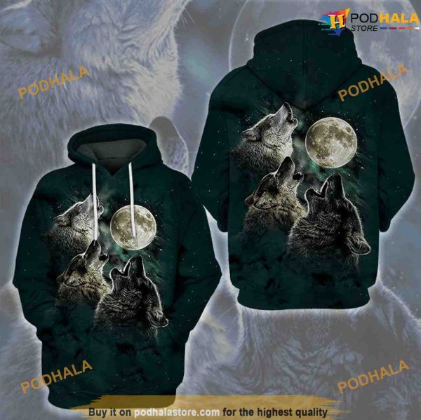 Three Wolf Moon Wild Animal Howling 3D Funny Christmas Hoodie