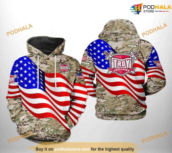 Troy Trojans US Flag Camo Veteran NCAA 3D Hoodie