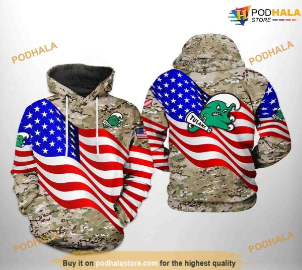 Tulane Green Wave US Flag Camo Veteran NCAA 3D Hoodie