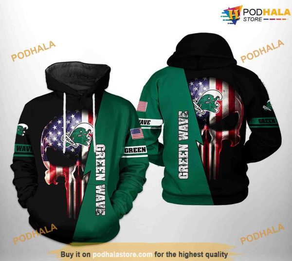 Tulane Green Wave US Flag Skull NCAA 3D Hoodie