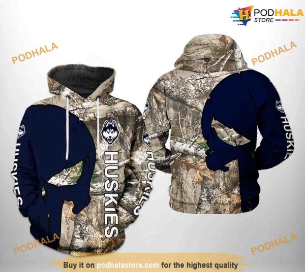 UConn Huskies Camo Veteran Hunting NCAA 3D Hoodie