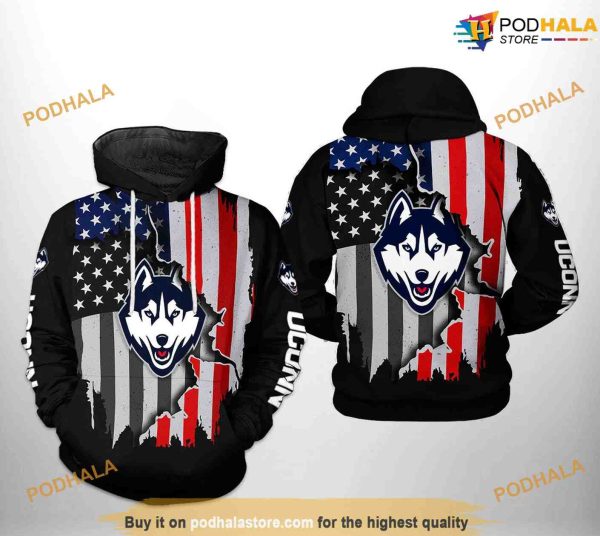 UConn Huskies US Flag NCAA 3D Hoodie