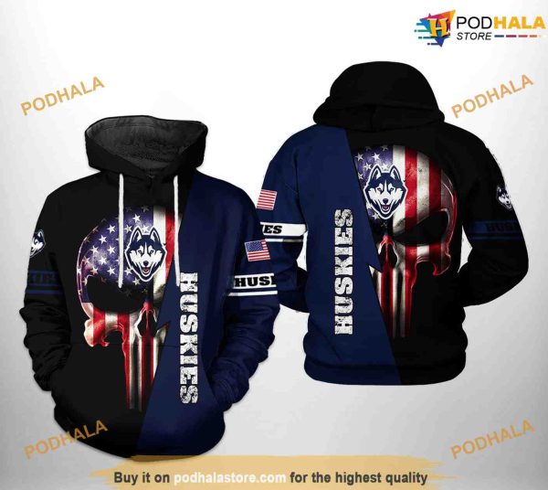 UConn Huskies US Flag Skull NCAA 3D Hoodie