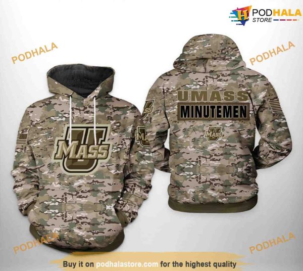 UMass Minutemen Camo Veteran NCAA 3D Hoodie