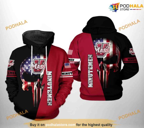 UMass Minutemen US Flag Skull NCAA 3D Hoodie