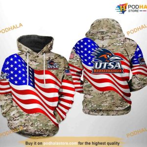 UTSA Roadrunners US Flag Camo Veteran NCAA 3D Hoodie