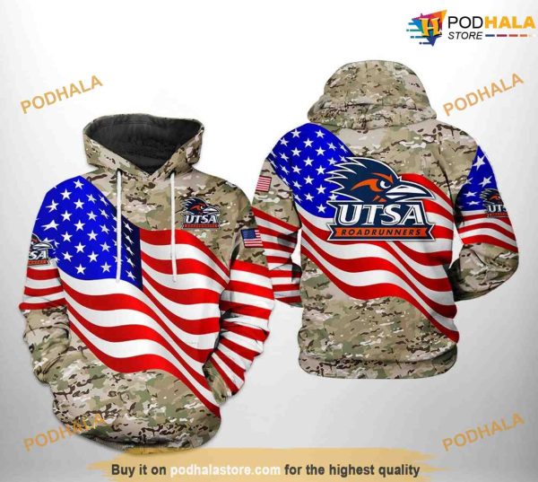 UTSA Roadrunners US Flag Camo Veteran NCAA 3D Hoodie