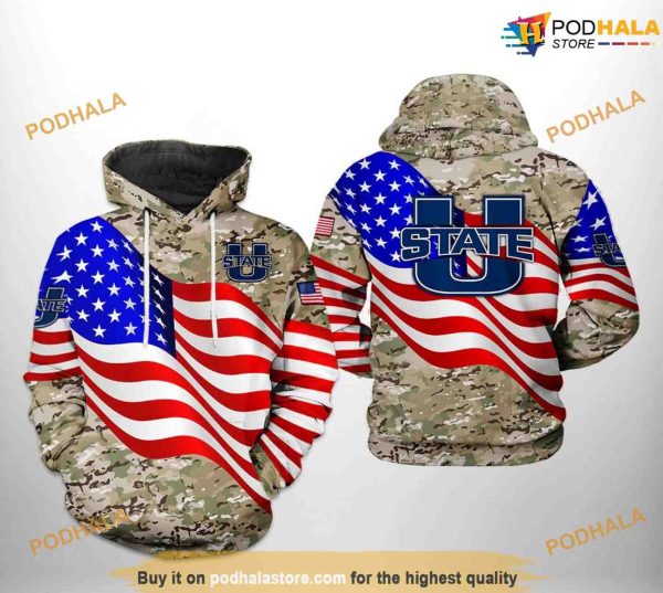 Utah State Aggies US Flag Camo Veteran NCAA 3D Hoodie