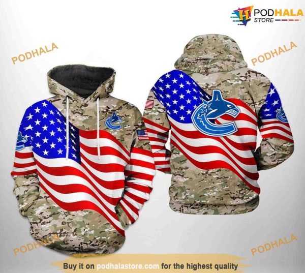 Vancouver Canucks NHL US FLag Camo Veteran NHL Hoodie 3D