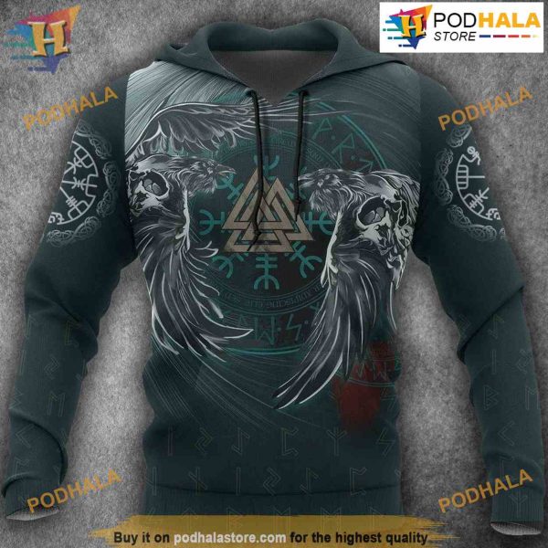 Viking Ravens Skull Tattoo All Over Printed 3D Hoodie Sweatshirt