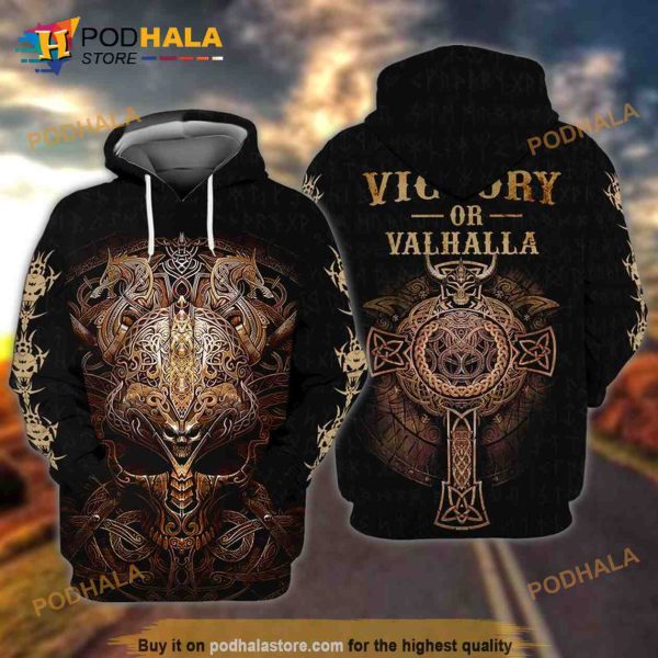 Viking Skull And Cross Victory Or Valhalla 3D Hoodie Sweatshirt