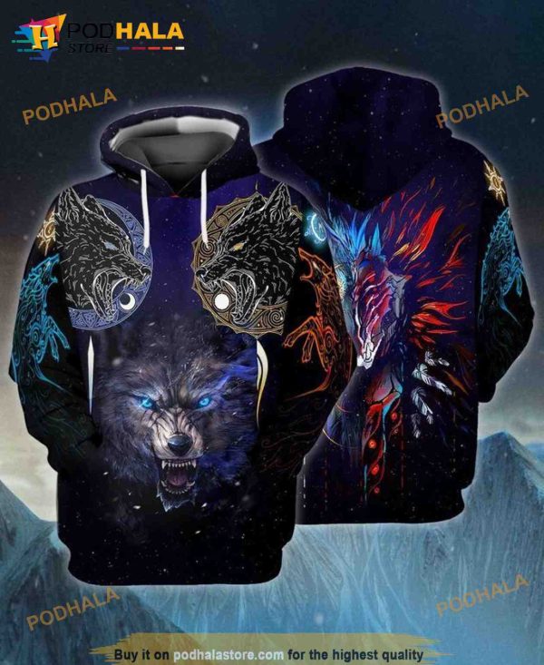 Viking Wolf Skoll And Hati 3D Hoodie Sweatshirt