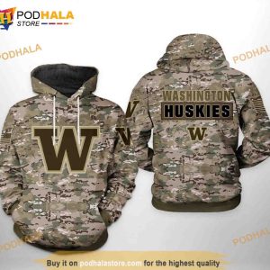 Washington Huskies NCAA Camo Veteran All Over Print 3D Hoodie