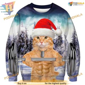 Weightlifting Cat Xmas Sweatshirt 3D Hoodie