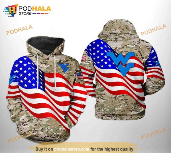 West Virginia Mountaineer NCAA US Flag Camo Veteran All Over Print 3D Hoodie