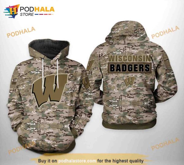 Wisconsin Badgers NCAA Camo Veteran All Over Print 3D Hoodie