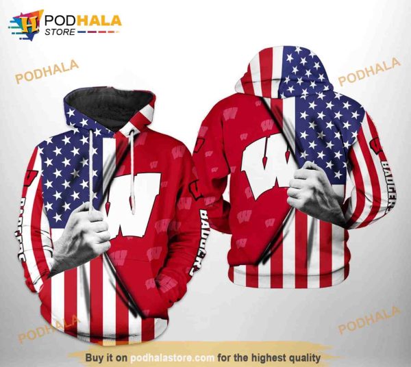 Wisconsin Badgers NCAA US Flag All Over Print 3D Hoodie