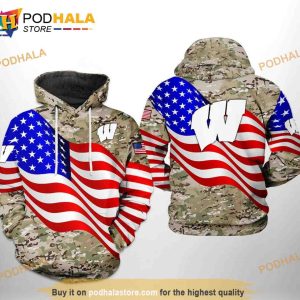 Wisconsin Badgers NCAA US Flag Camo Veteran 3D Printed Hoodie