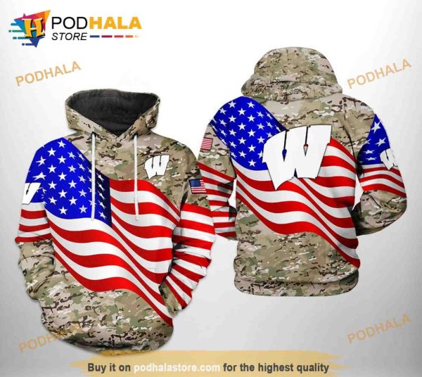 Wisconsin Badgers NCAA US Flag Camo Veteran 3D Printed Hoodie