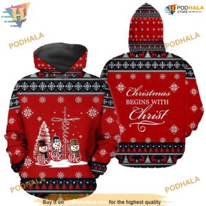 Xmas Begins With Christ Pattern Red 3D Funny Christmas Hoodie Sweatshirt