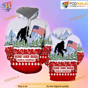 Xmas Bigfoot Into The Forest USA Flag 3D Funny Christmas Hoodie Sweatshirt