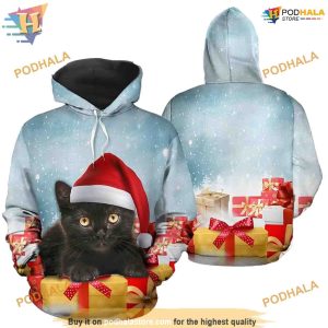 Xmas Black Cat And Present Pattern Light Blue 3D Funny Christmas Hoodie