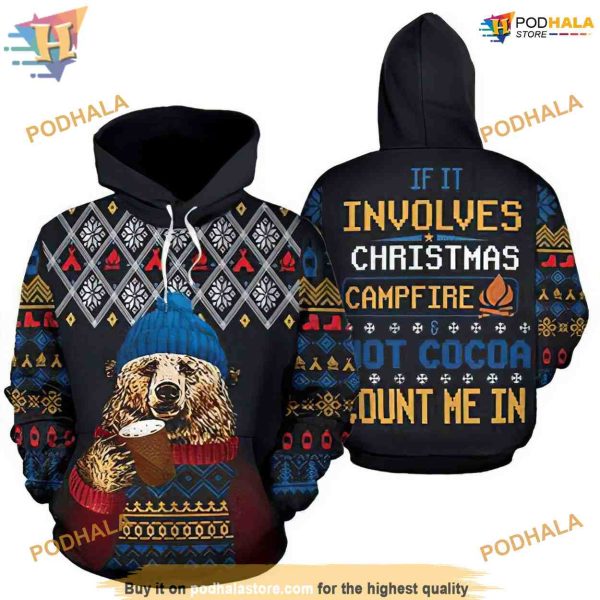 Xmas Campfire Hot Cocoa Bear 3D Funny Christmas Hoodie Shirt Sweatshirt