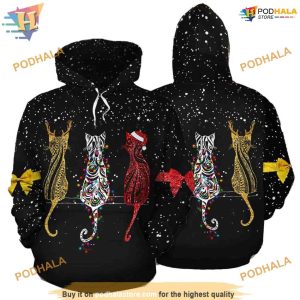 Xmas Cat Pattern On Black Galaxy 3D Funny Christmas Hoodie Sweatshirt