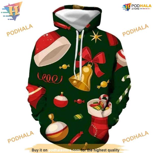 Xmas Green Awesome Pattern On Green 3D Funny Christmas Hoodie Sweatshirt