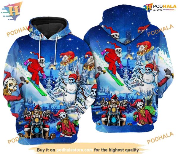 Xmas With Skull Pattern On Blue 3D Funny Christmas Hoodie Shirt Sweatshirt