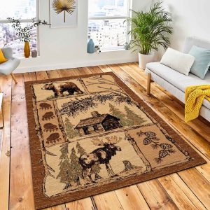 Bear Moose Area Nature Rug Rustic Cabin & Lodge Area Rug Living Room Rug