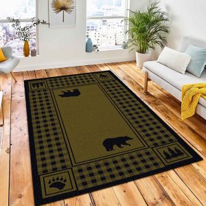 Bear Plaid Green Area Rug Rustic Cabin & Lodge Area Rug Room Decor Rug