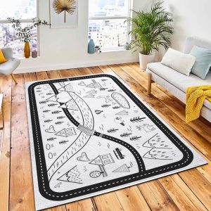 Black White Kids Road Play Area Rug Carpet Nursery Rug Room Decor