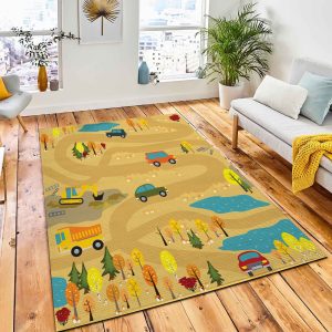 Cars Construction Equipment On Roads Rug Carpet Kid Play Rug Room Decor