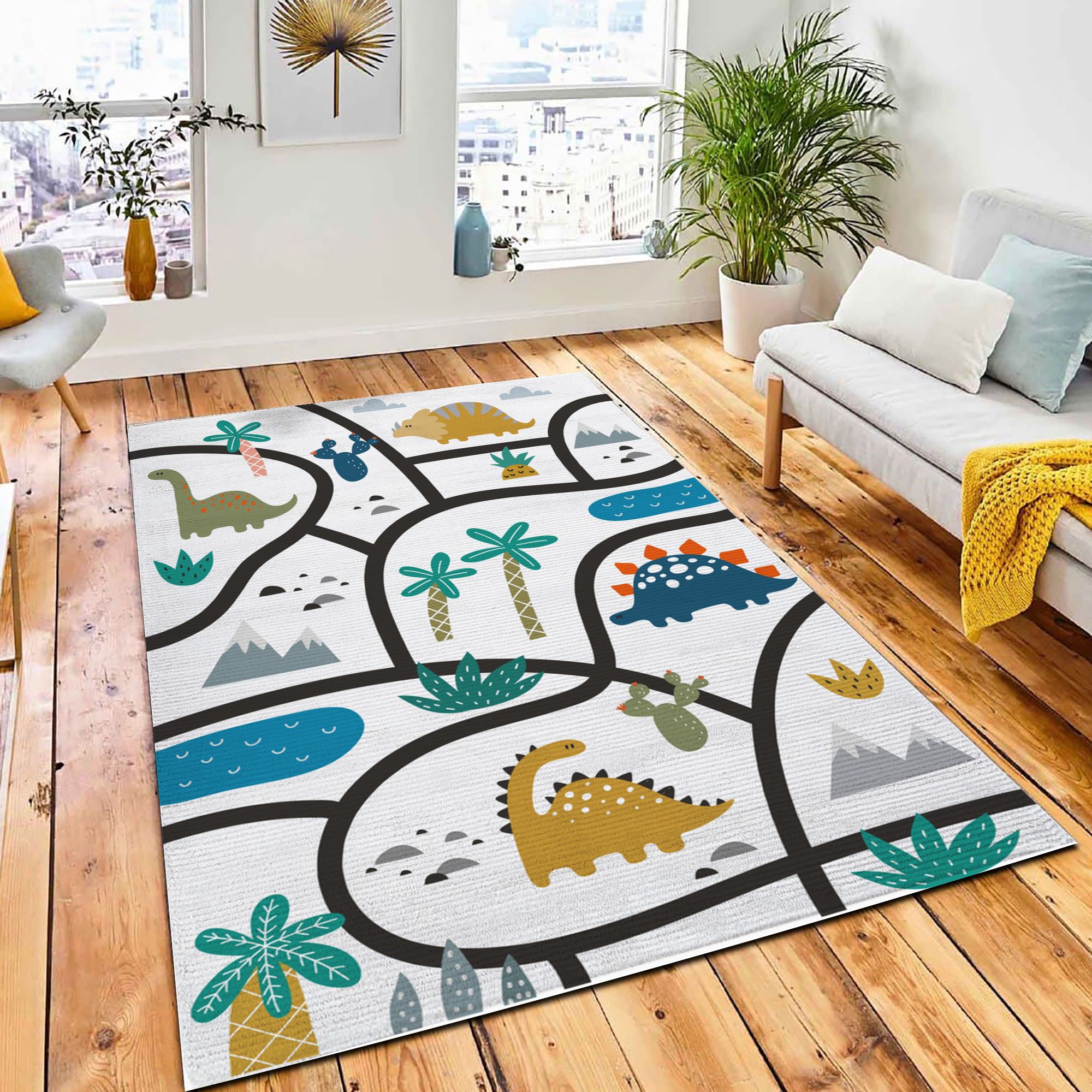 Cartoon Roads Dinosaur Palm Mountains Rug Carpet Kid Play Rug Home Decor Cartoon Roads Dinosaur Palm Mountains Rug Carpet Kid Play Rug Home Decor