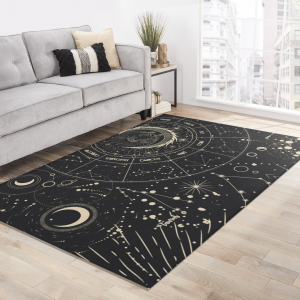 Celestial Gold Black Moon Stars Sun Area Rug Spiritual Witchy Witch Goth Gothic Pagan Wiccan Wicca Astrology Zodiac Witchcraft