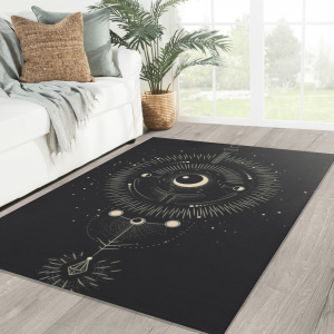 Celestial Gold Black Moon Stars Sun Area Rug Spiritual Witchy Witch Goth Gothic Pagan Wiccan Wicca Astrology Zodiac Witchcraft Living Room Decor