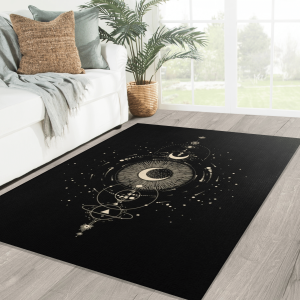 Celestial Tarot Gold Black Moon Stars Sun Area Rug Spiritual Witchy Witch Goth Gothic Pagan Wiccan Wicca Astrology Zodiac Witchcraft