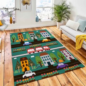 Childish Seamless Pattern Cityscape Cars Carpet Rug Kids Rug Home Decor