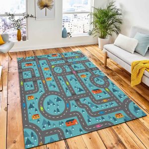 Cute Road Map Winter Blue Area Rug Carpet Kids Rug Room Decor