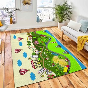 Cute Seamless Pattern Houses Sea Area Rug Kid Play Rug Room Decor