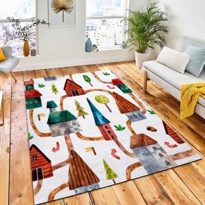 Cute Watercolor Pattern Summer Town Area Rug Nursery Rug Room Decor