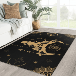 Gothic Boho Skull Area Rug  Animal Skull Celestial Golden Black Rug Living Room Rug Home Decor