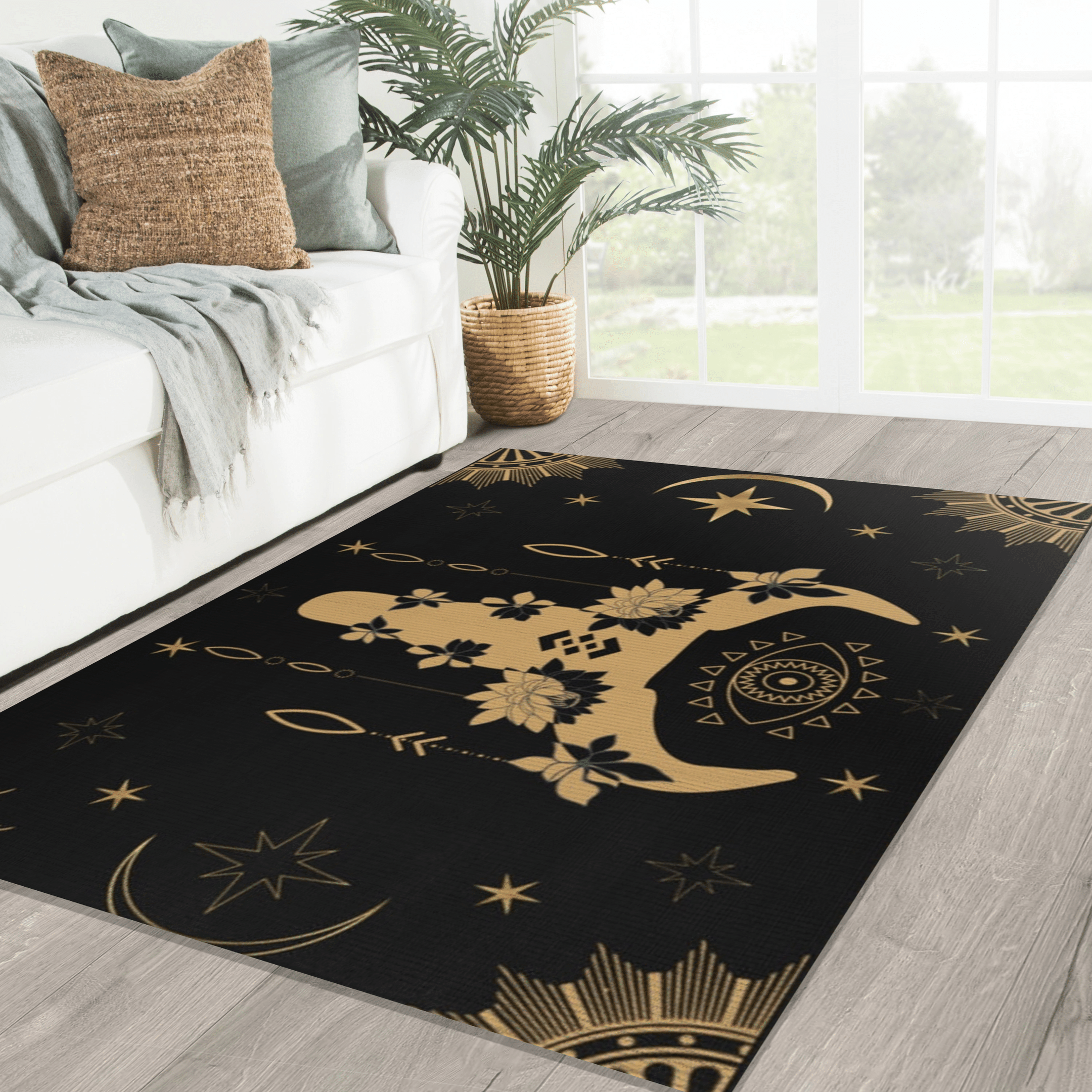 Gothic Boho Skull Area Rug Animal Skull Celestial Golden Black Rug Living Room Rug Home Decor Gothic Boho Skull Area Rug Animal Skull Celestial Golden Black Rug Living Room Rug Home Decor