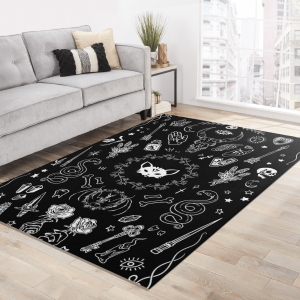 Gothic Witchy Area Rug Witchcraft Magic Moon Skulls Snake Sphynx Black Carpet Bedroom Living Room Halloween Goth Floor Mat Witch Altar Rug