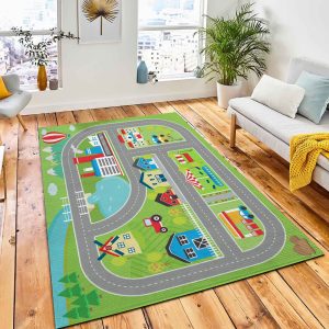 Lovely City Landscape Car Track Area Rug Kid Play Rug Home Decor