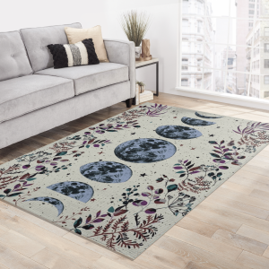 Moonlit Garden Area Rug Moon Carpet Lunar Eclipse Astrology Starry Night Vines Leaves Floral Garden Bohemian Luna Boho Moon Phases Floor Mat