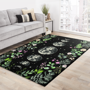 Moonlit Garden Area Rug Moon Carpet Lunar Eclipse Starry Night Vines Leaves Floral Rose Garden Bohemian Luna Boho Moon Phases Floor Mat