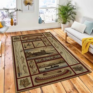 Mountain Fishing Area Rug Rustic Cabin & Lodge Area Rug Living Room Rug