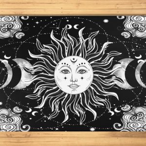 Mystical Moon Mandala Area Rug Black Witchy Christmas Floor Mat Celestial Wicca Starry Night Crescent Galaxy Gothic Bohemian Home Decor